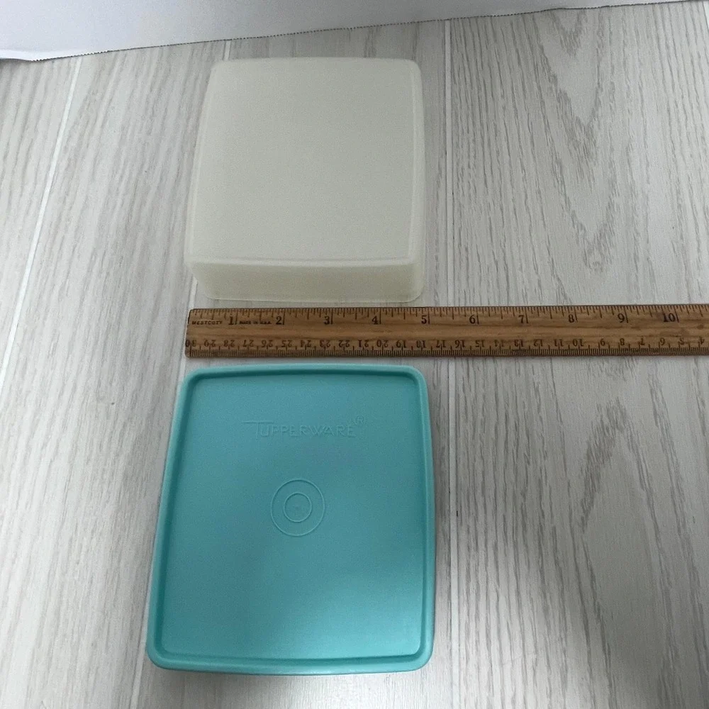 Tupperware Vintage 2 Square A Way Containers Set Clear Teal Gray Lids 670 671